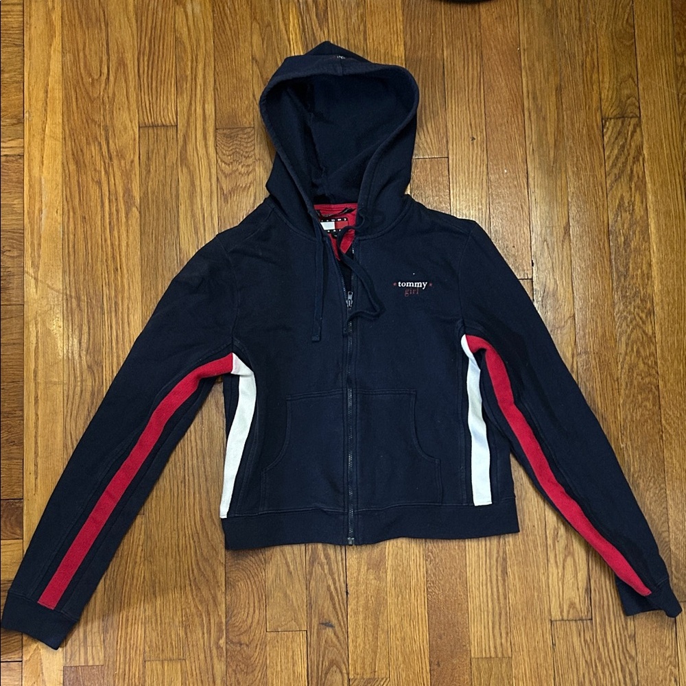 Tommy Hilfiger Women's Zip Up Sweatshirt in Navy with Red and White Stripes